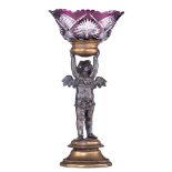 A silver-plated brass stand, shaped like an angel holding a crystal coupe, H 56,5 cm