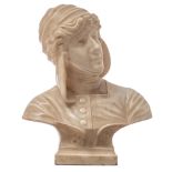 The alabaster bust of a medieval young beauty wearing a hood, H 48,5 cm