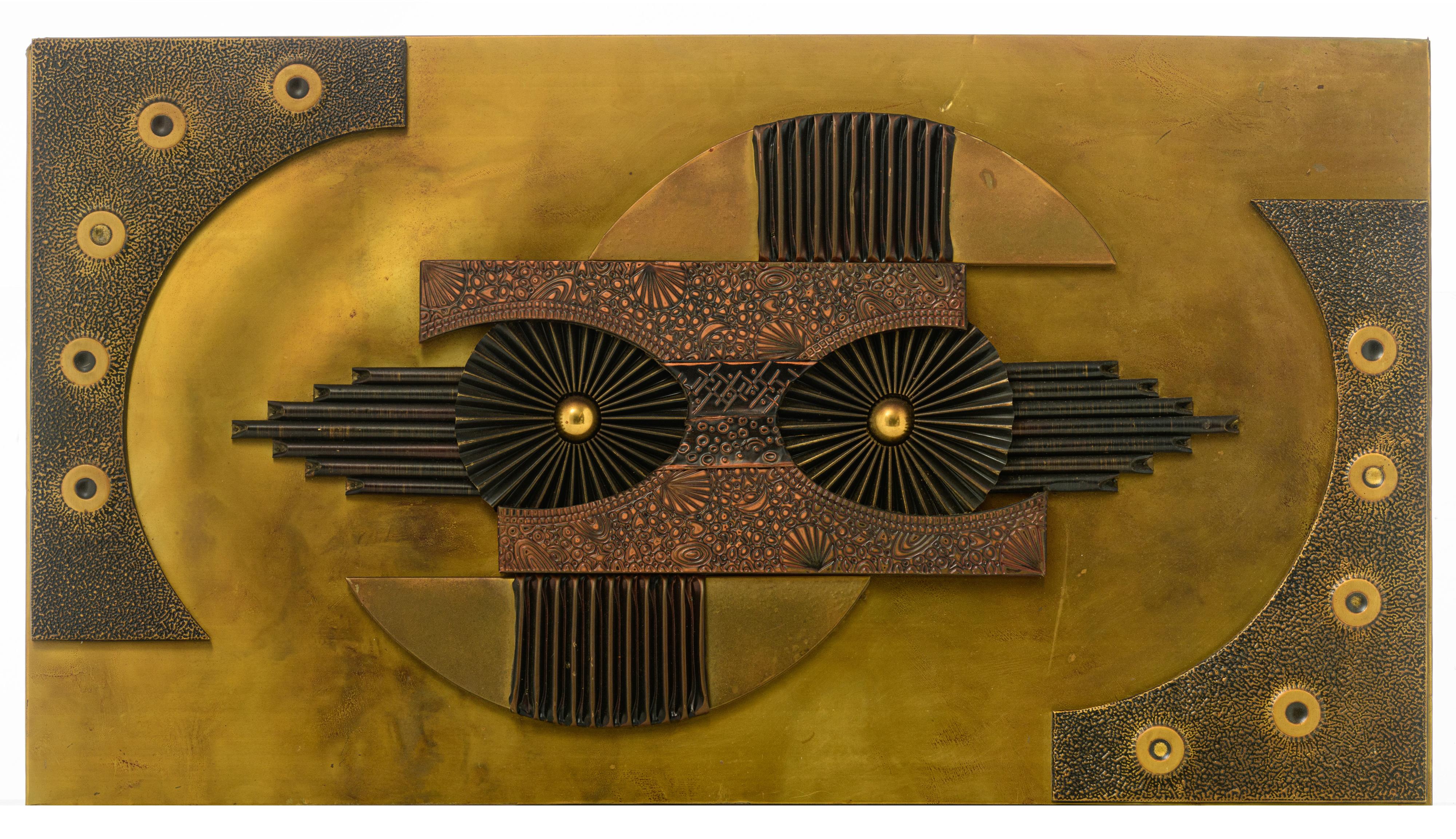 A vintage brutalist metal wall abstract sculpture, attr. to Stephen Chun, 50,5 x 90,5 cm