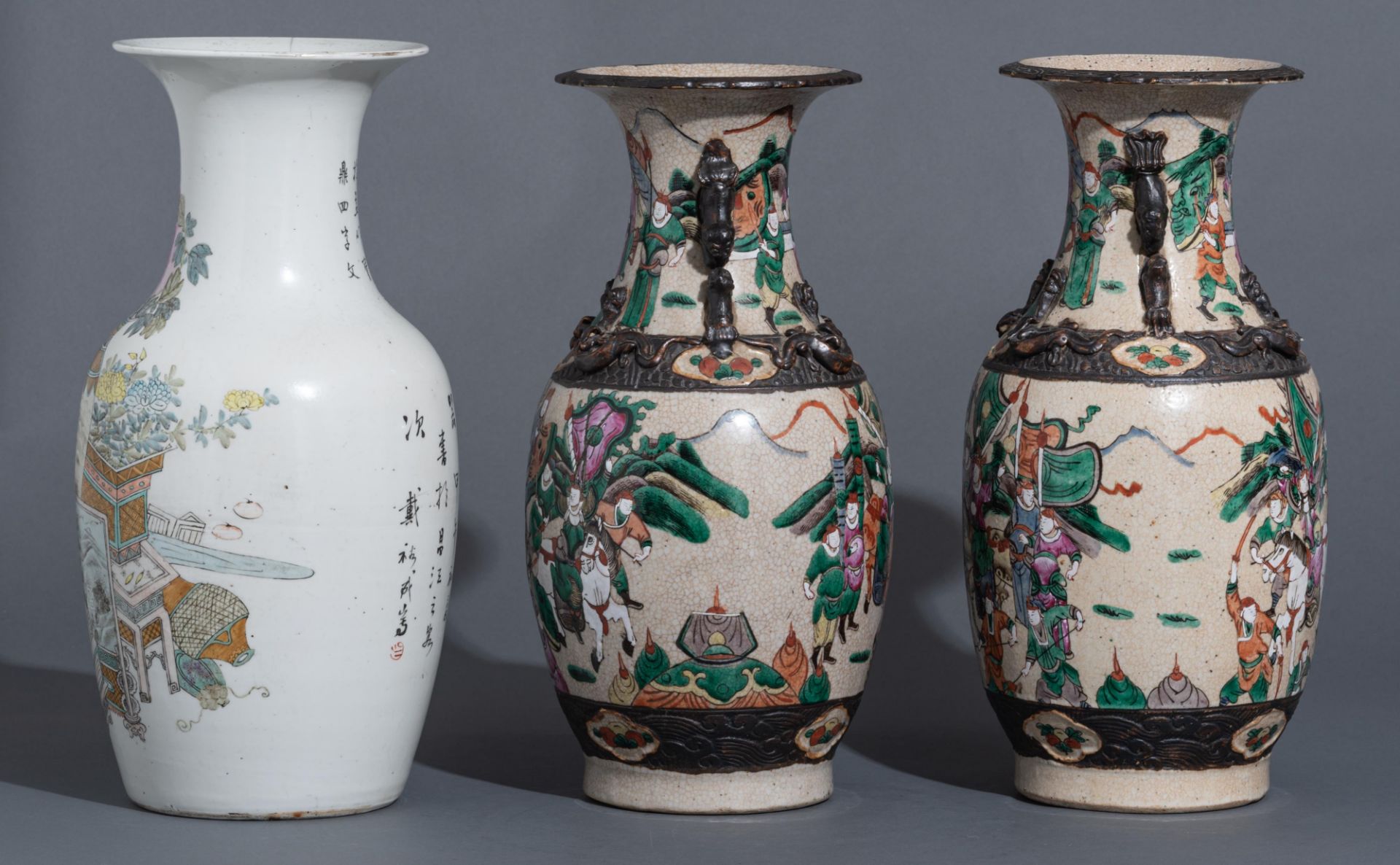 A Chinese Qianjiangcai vase, Republic period - added a pair of Chinese Nanking vases, 19thC, H 43 - - Image 3 of 12