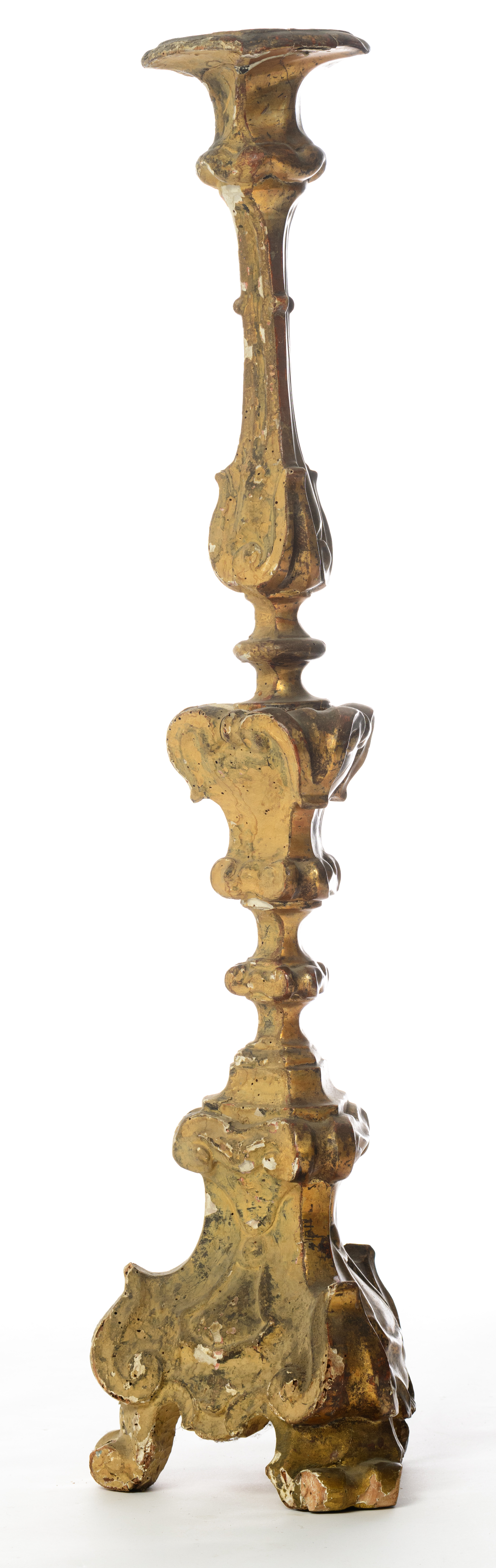 A large gilded wood Baroque altar candlestick, 18thC, H 118 cm - Image 2 of 10