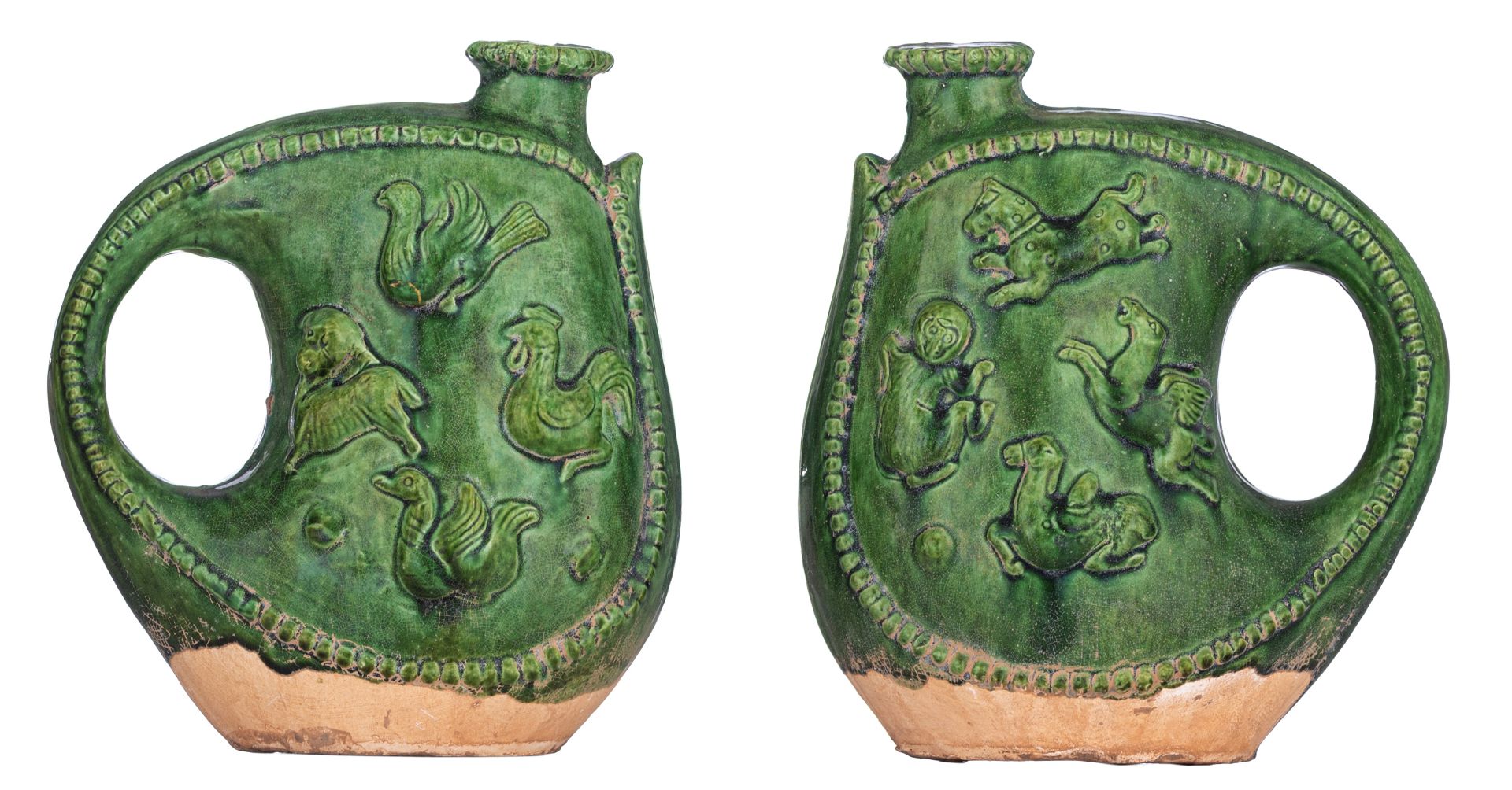 Two Chinese green-glazed pottery flasks, H 20,5 cm