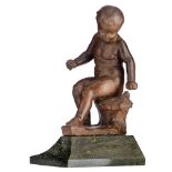 A young boy in a garden setting, 18th/19thC, terracotta, H 35,5 cm