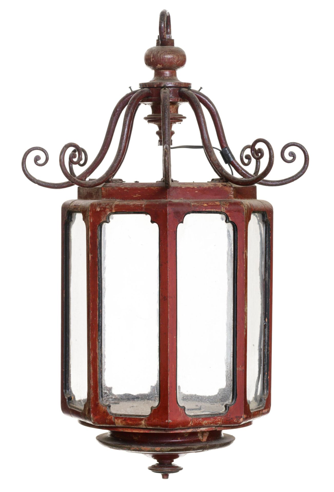 A red-painted wooden hall lamp, the interwar period, H 78 cm