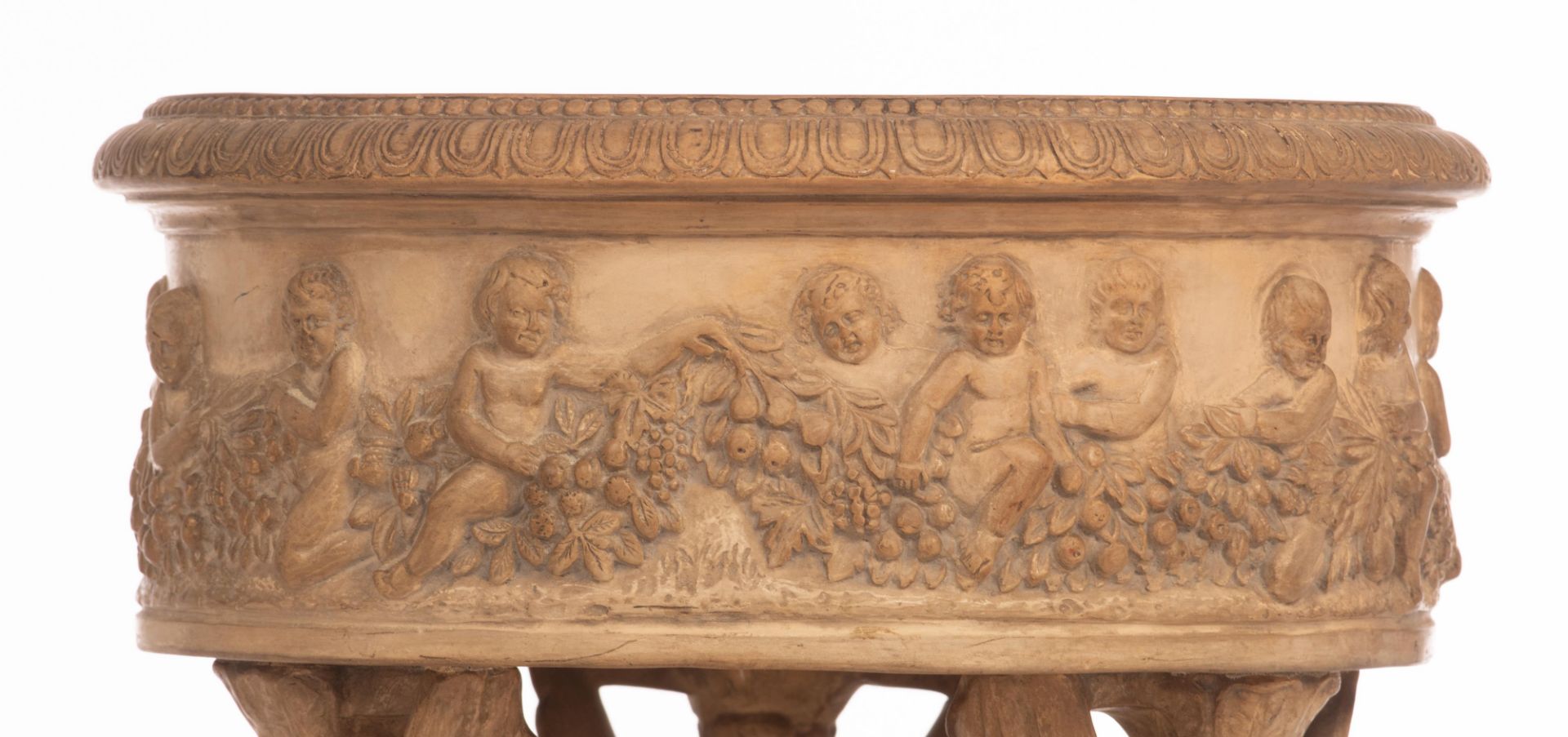 An Empire style patinated terracotta jardinière, H 90 - ø 36,5 cm - Image 11 of 17