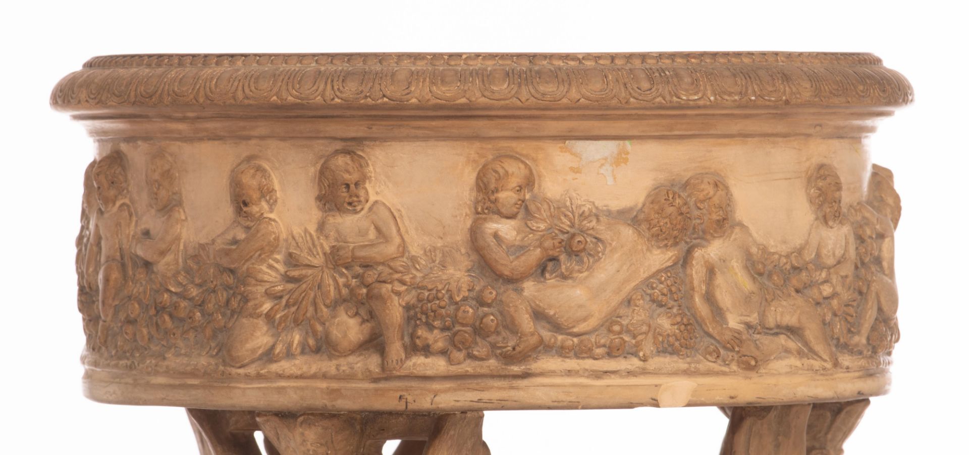 An Empire style patinated terracotta jardinière, H 90 - ø 36,5 cm - Image 12 of 17