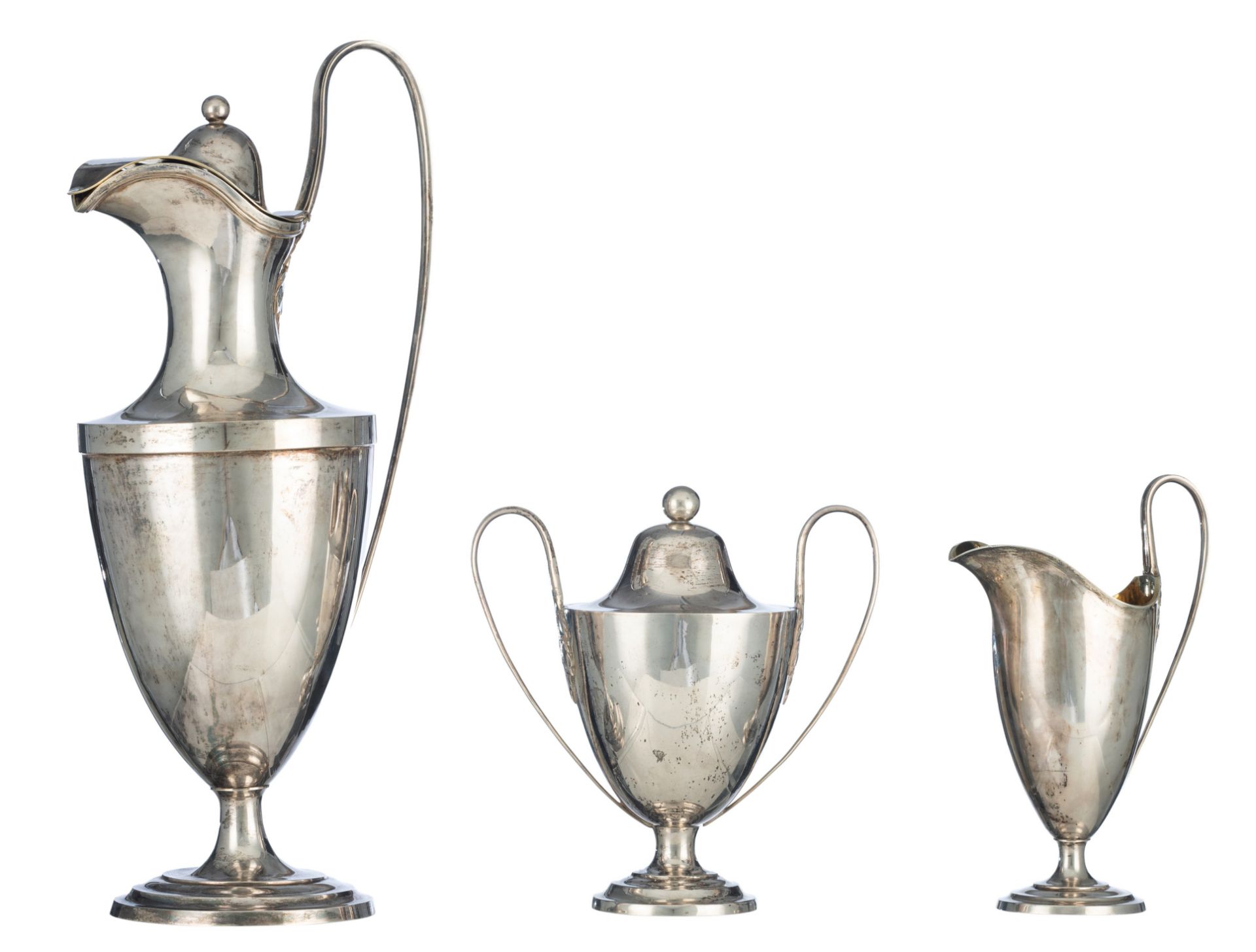 An Empire-style silver three-piece coffee set, H 19 - 38 cm