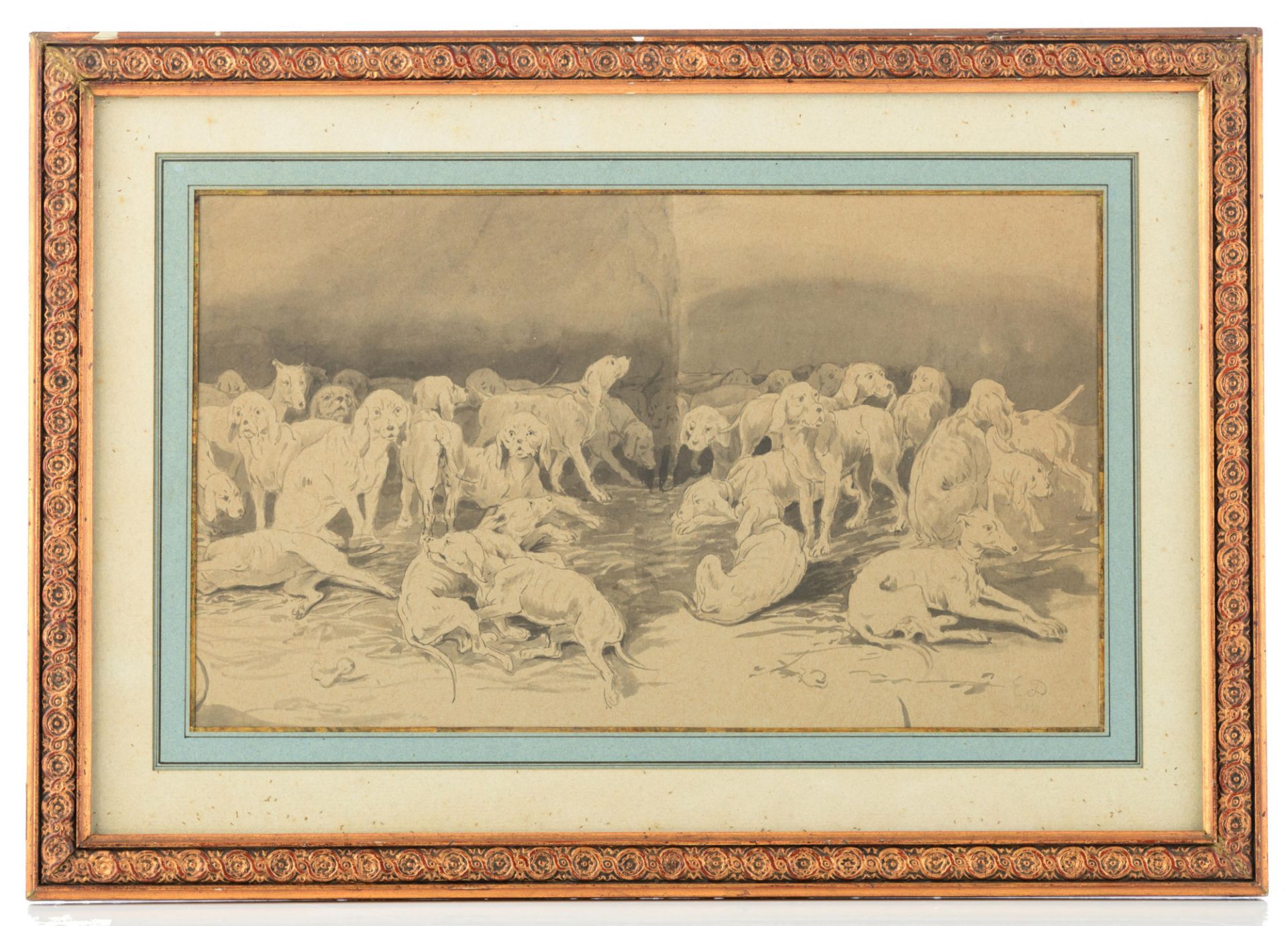 Monogrammed E.D., a pack of dogs, three washed drawings, 21 x 31 - 35 cm - Image 8 of 12