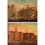 Two pendant views of Amsterdam and London, hand-worked lithographs, 58 x 77 cm