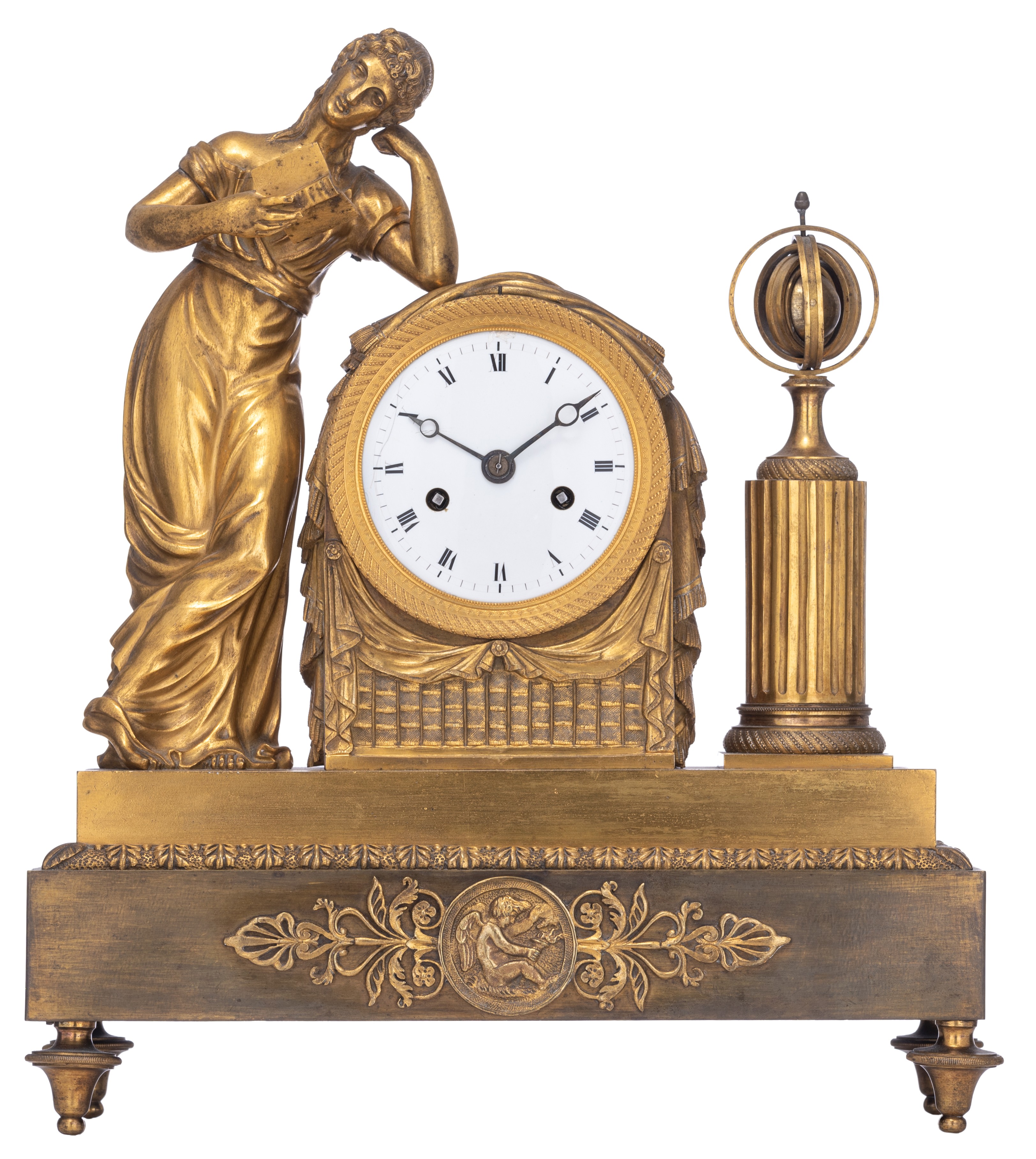 A French Charles X style mantle clock, and a ditto pair of period candlesticks, H 28,5 - 34 cm - Image 2 of 18