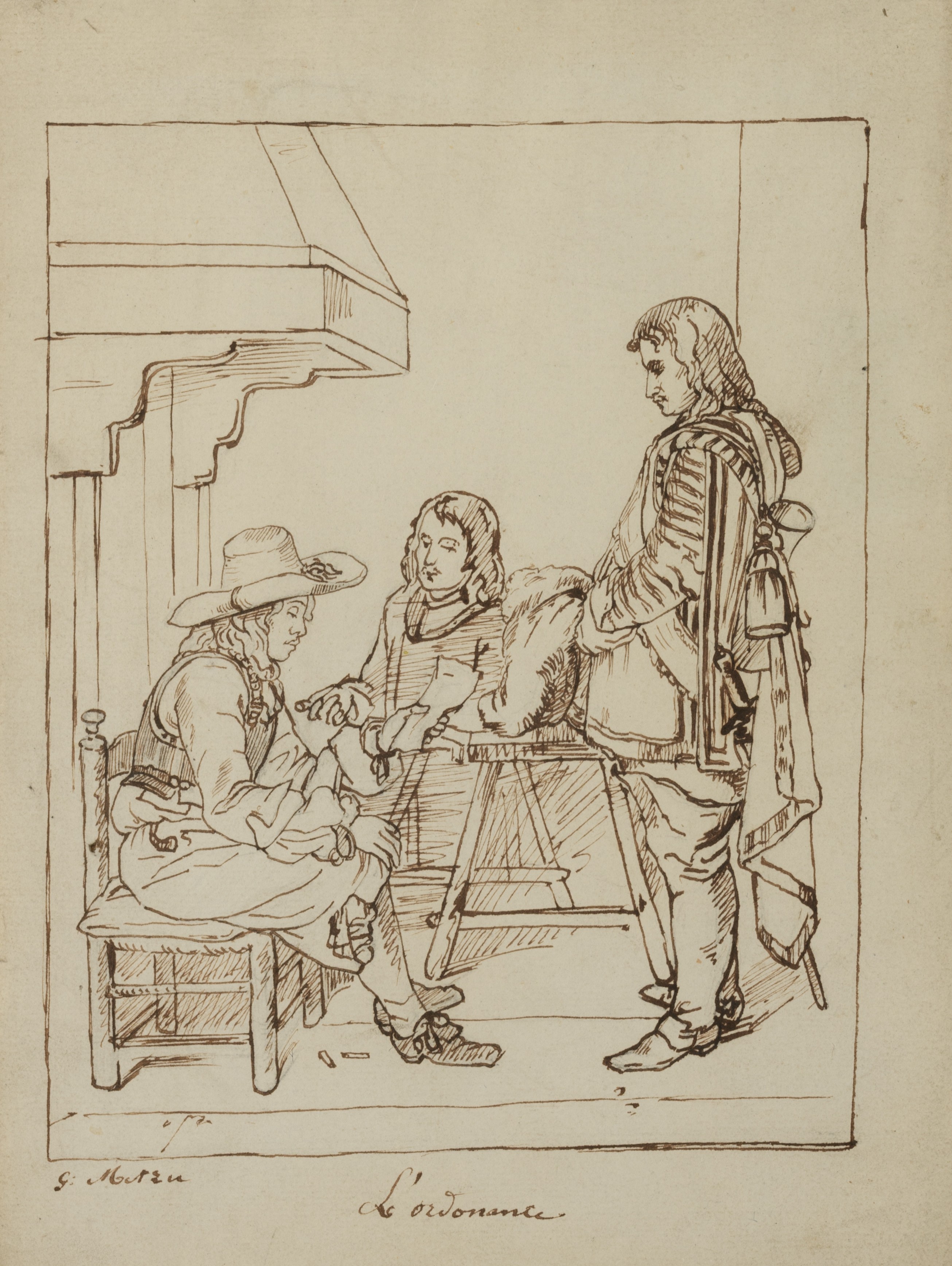 Ink drawing after Gabriel Metsu and an etching by Henri Victor Wolvens, 13,9 x 17,9 - 21 x 27,5 cm - Image 2 of 9