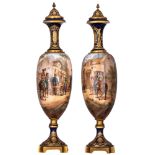 A pair of oblong Sèvres vases, with genre scenes of travellers near the inn, H 82 cm