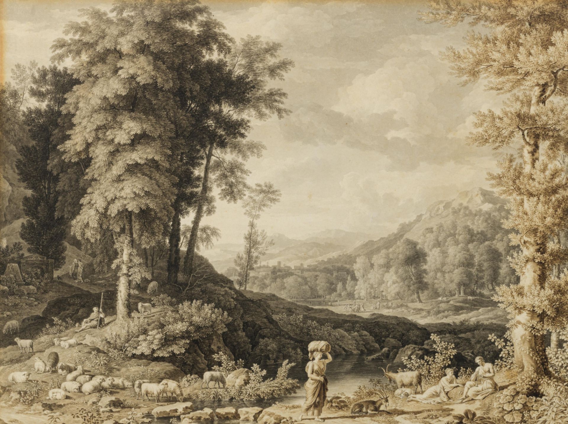 Felix Storelli (attr.), Arcadian landscape, washed ink drawing on paper