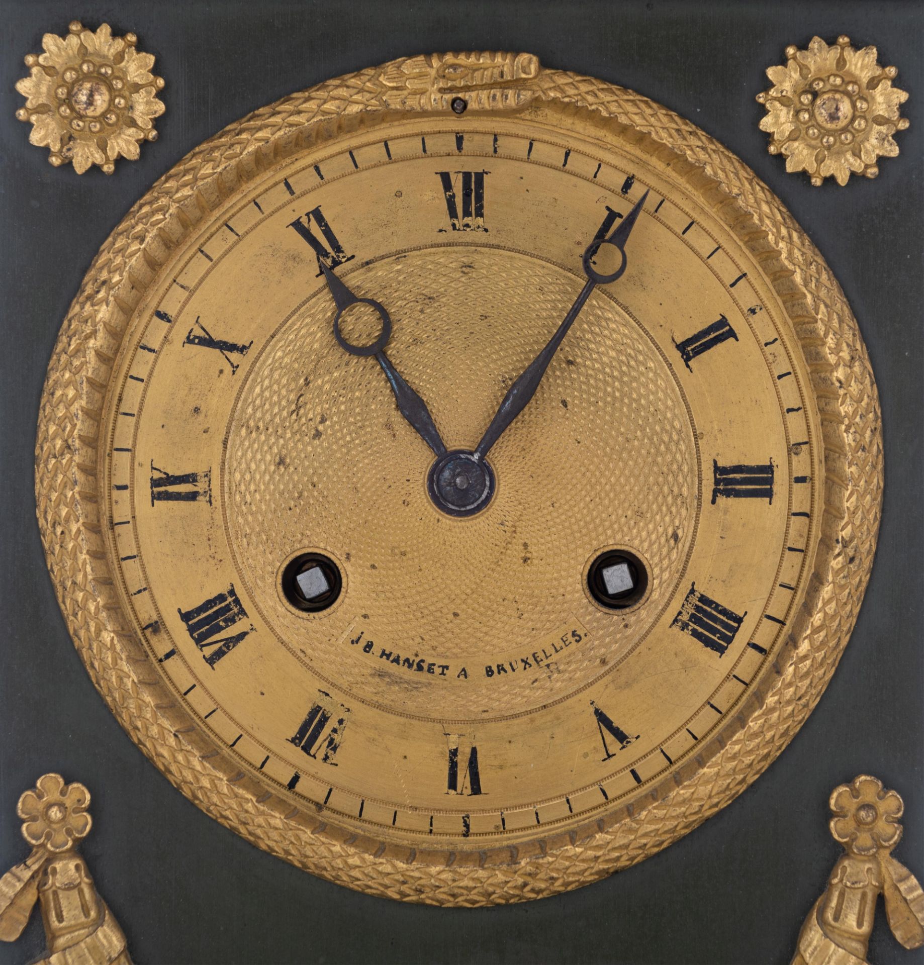 A fine Empire patinated and gilt bronze table clock, 'J.B. Hanset, Bruxelles', H 38 cm - Image 6 of 11