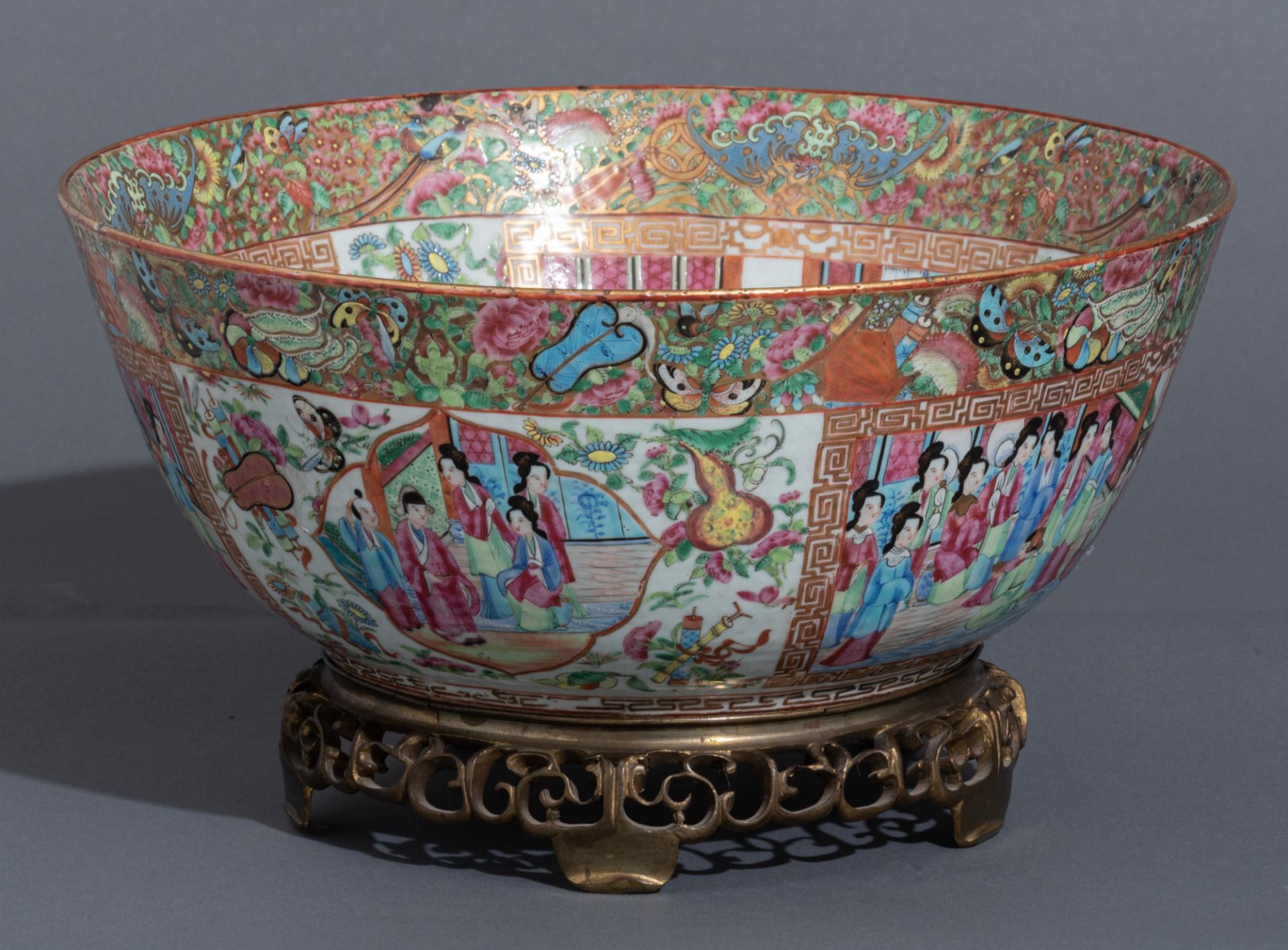 Two Chinese Canton famille rose mounted vases and a ditto punch bowl, 19thC, H 52 cm - Image 7 of 13