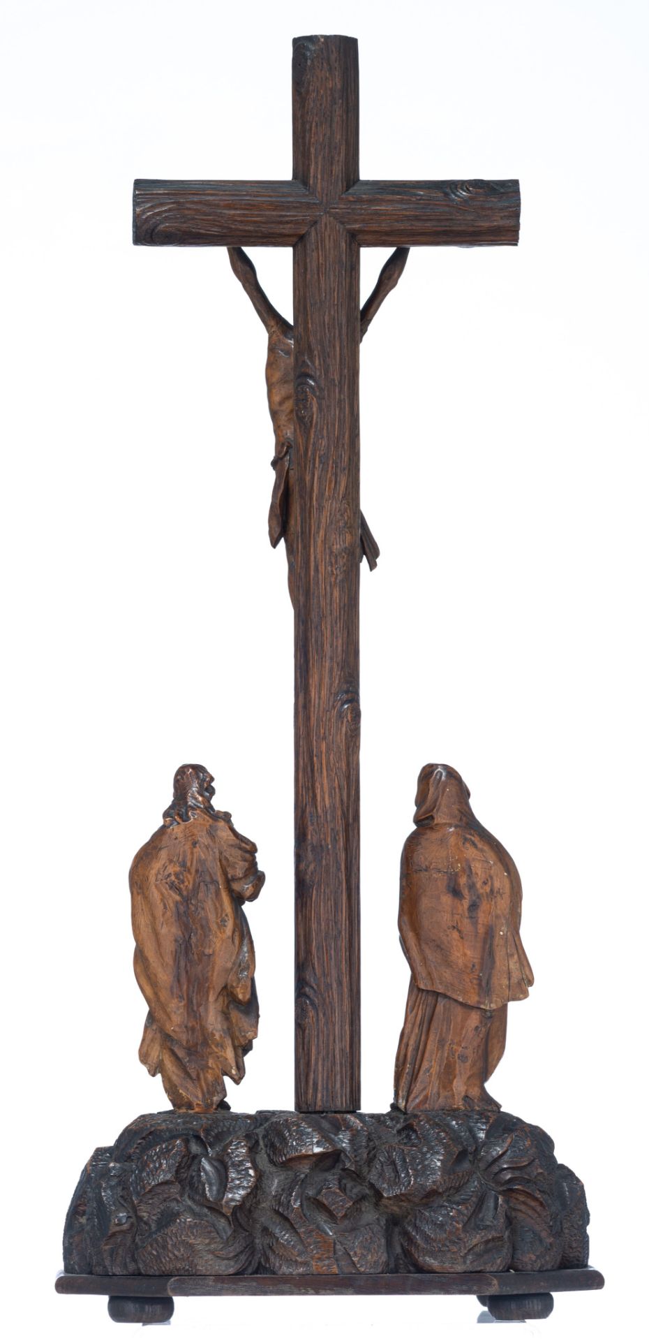 A finely carved walnut Golgotha, Southern Netherlands, 17thC, H 65 - W 28 cm - Image 3 of 11