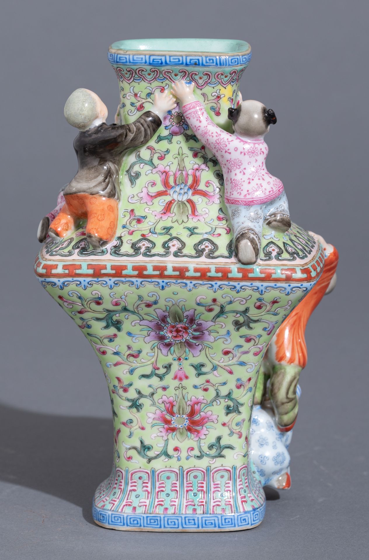 A Chinese famille rose rectangular baluster 'five boys' vase, with a Jiaqing mark, 20thC, H 18,5 cm - Image 2 of 9