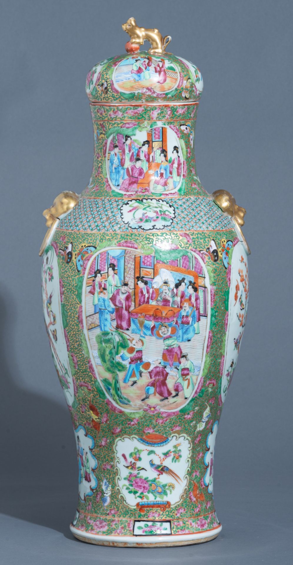 A Chinese Canton famille rose baluster vase and cover, paired with Fu-lion head handles, 19thC, H 68 - Image 2 of 5