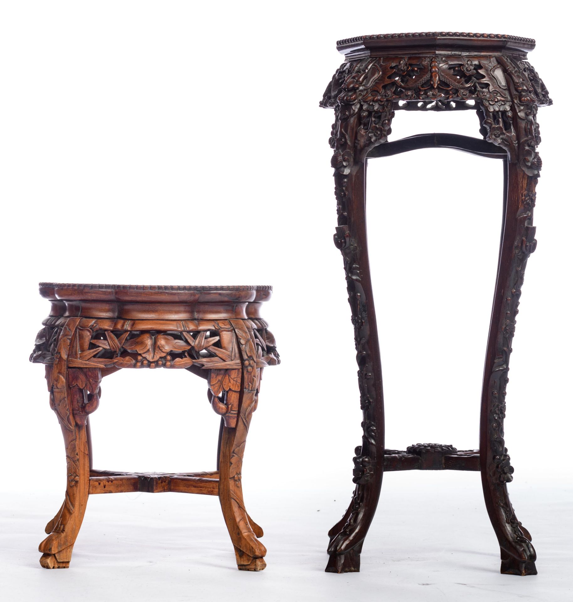 Two Chinese richly carved exotic hardwood stands, H 48 - 91 - W 40 - 42 cm - Image 3 of 7