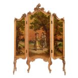 A Rococo style fire screen, with a romantic scene in the 'Vernis Martin' manner, H 148 - W 52 - 106