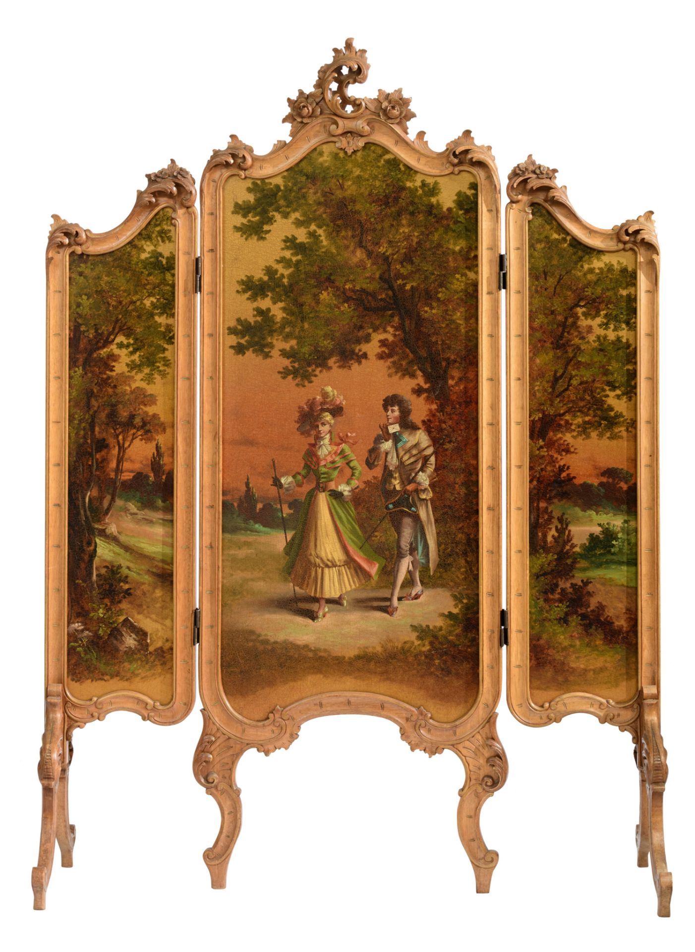 A Rococo style fire screen, with a romantic scene in the 'Vernis Martin' manner, H 148 - W 52 - 106