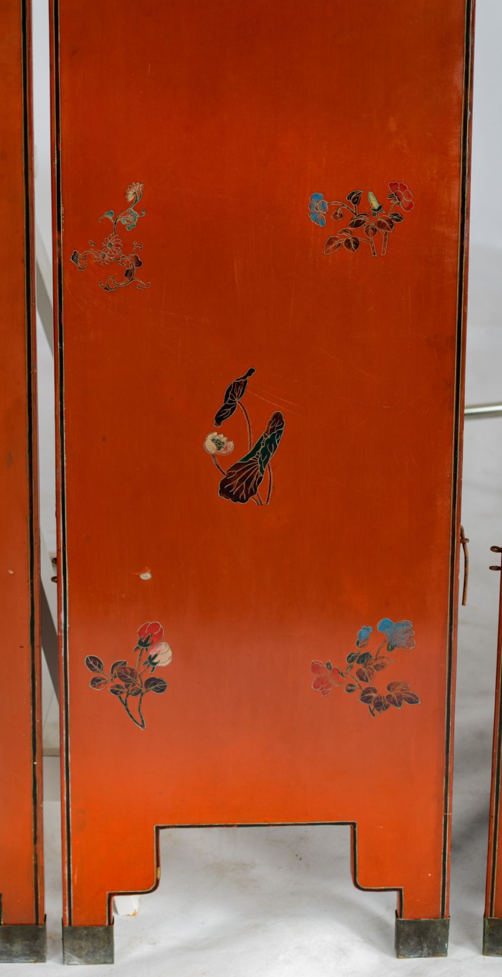 A Chinese six-fold lacquered chamber screen, late 19thC/20thC, Dimensions of one panel 183,3 x 40,5 - Image 6 of 7