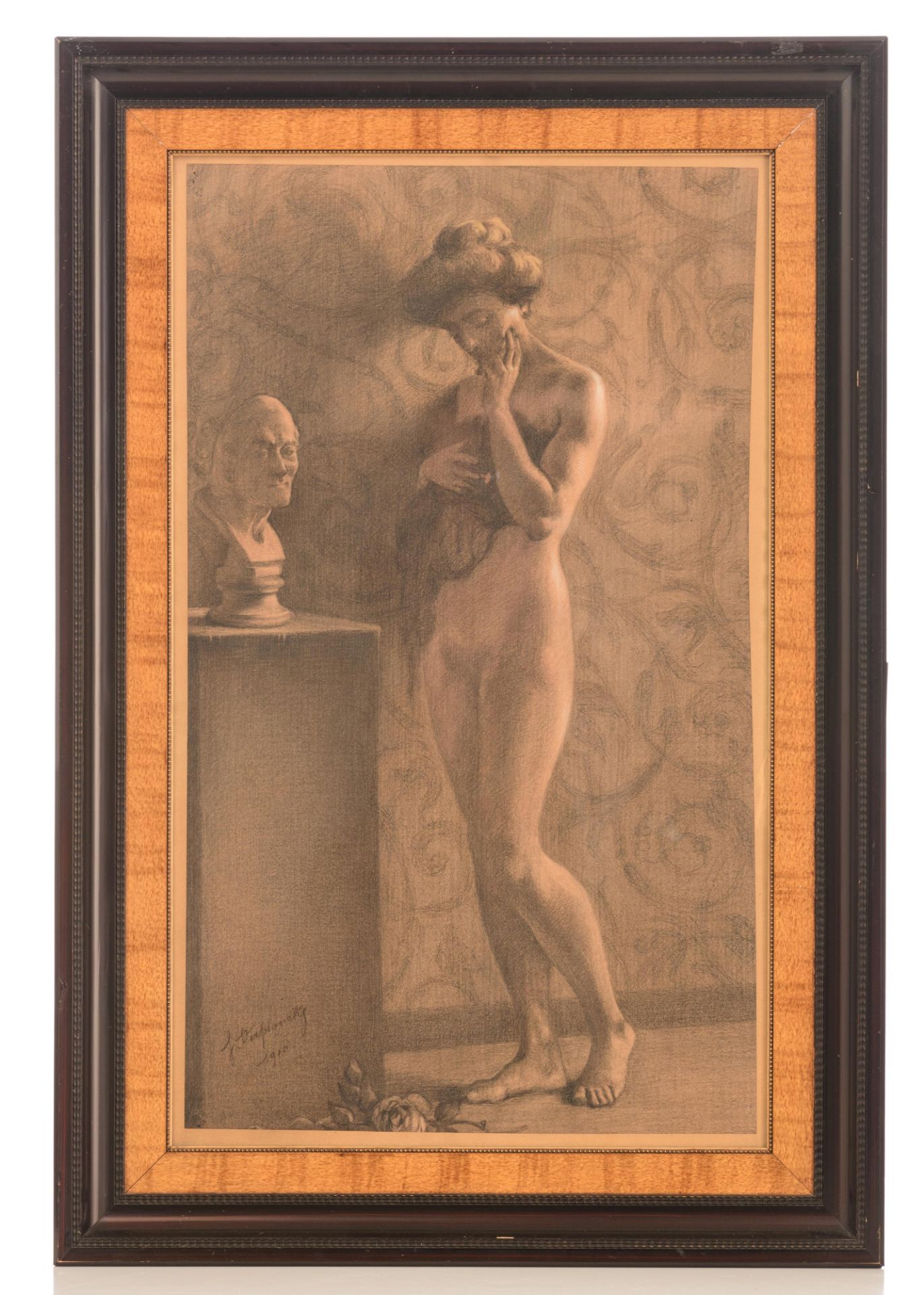 Verplancke, a standing nude in contemplation before a bust of Voltaire, 69 x 42 cm - Image 2 of 5