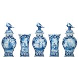 A 19thC blue and white Dutch Delftware five-piece garniture set, marked Van Duyn, H 25 - 37 cm