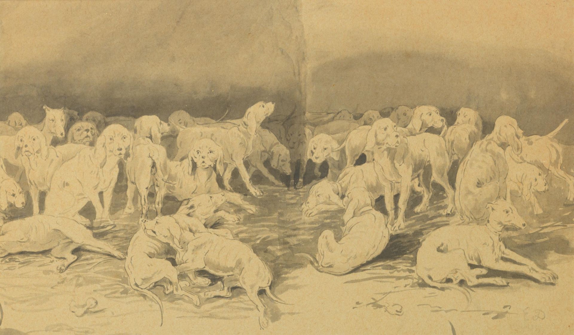 Monogrammed E.D., a pack of dogs, three washed drawings, 21 x 31 - 35 cm - Image 7 of 12