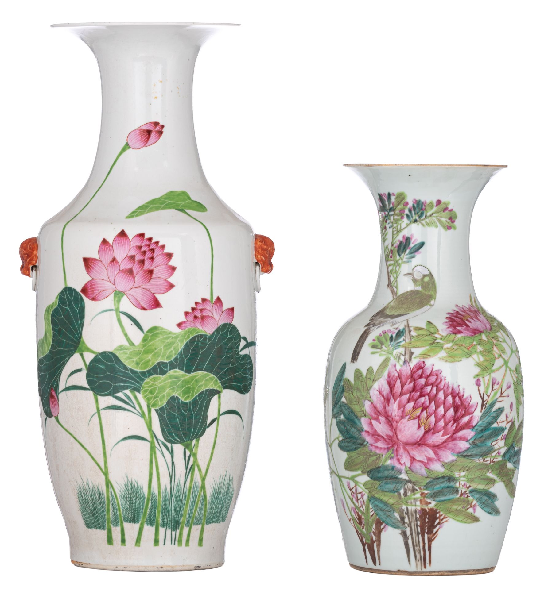 Two Chinese famille rose 'birds and flowers' vases, one paired with Fu lion handles, both with signe