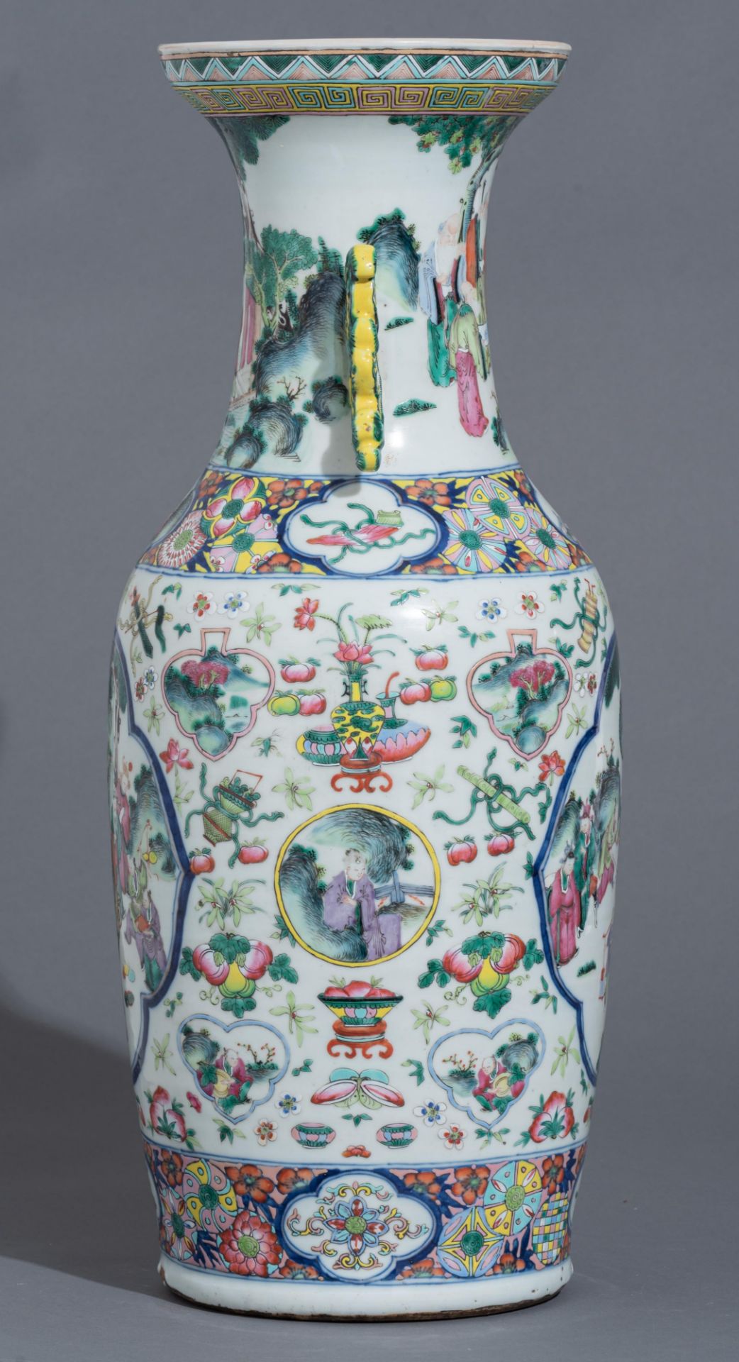 A Chinese famille rose vase, paired with lingzhi handles, 19thC, H 60 cm - Image 2 of 6