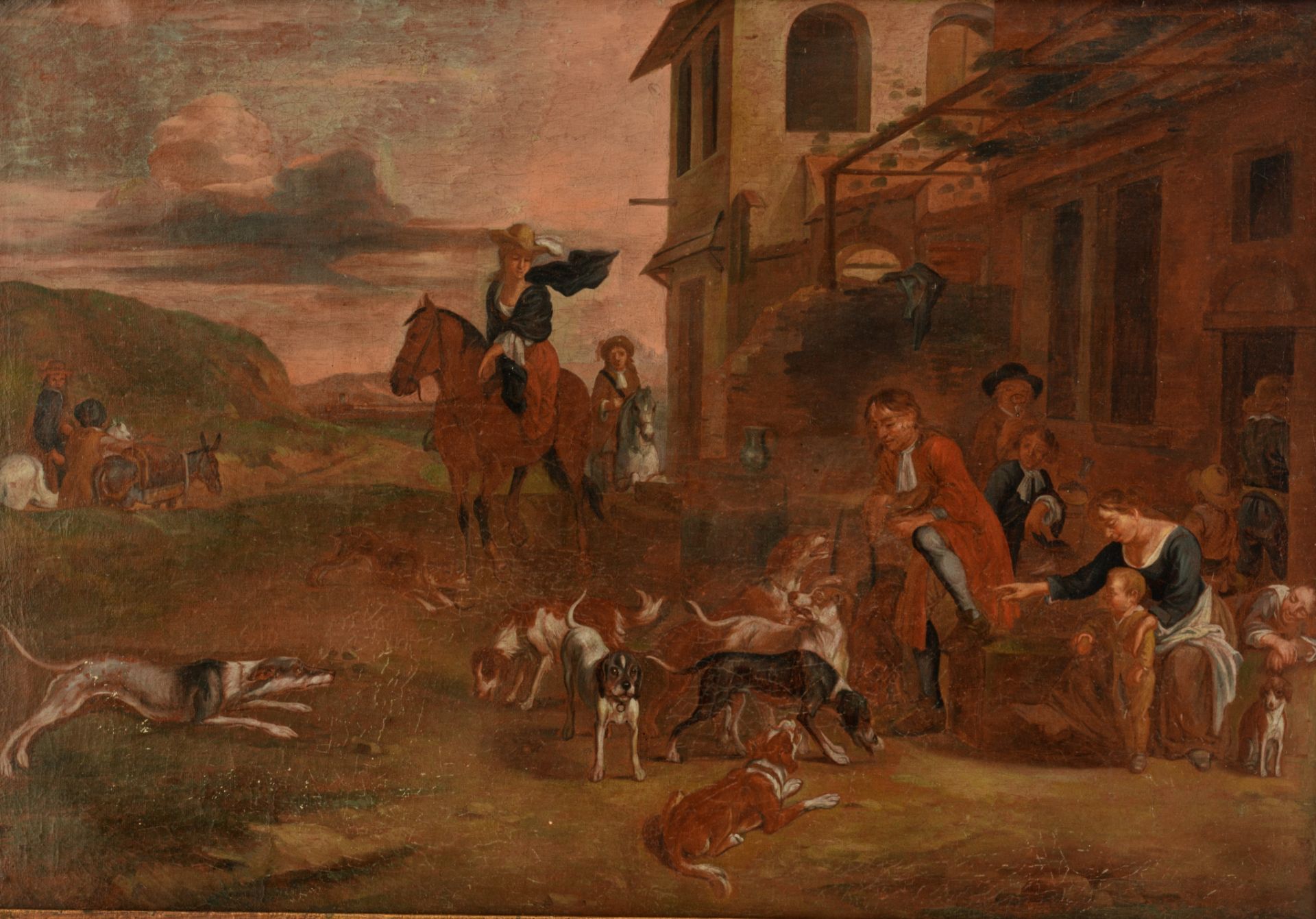 Hunters near the inn, 18thC, 58 x 82 cm