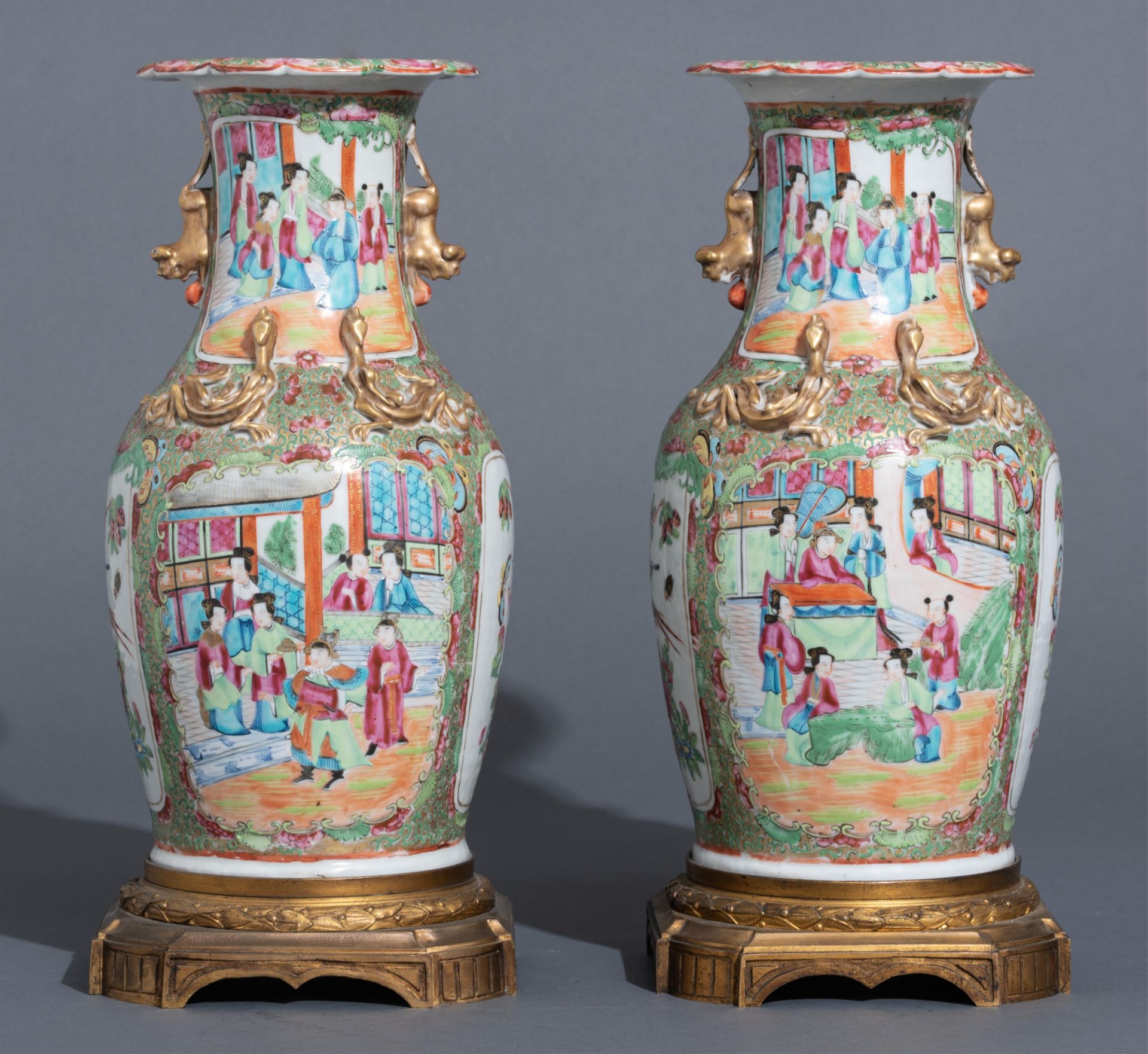 A pair of Chinese Canton vases, with fixed gilt bronze bottom mounts, 19thC, total H 41 cm - Image 2 of 6