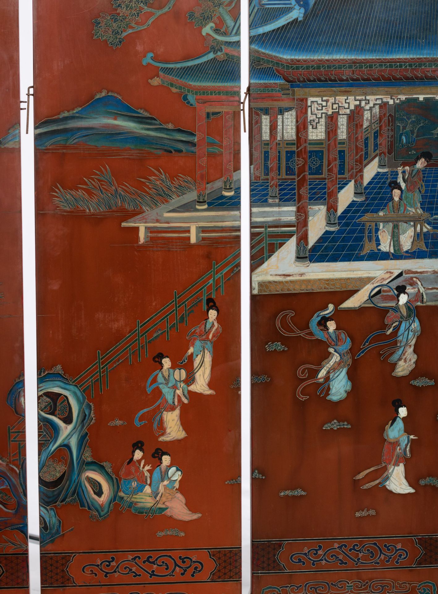 A Chinese six-fold lacquered chamber screen, late 19thC/20thC, Dimensions of one panel 183,3 x 40,5 - Image 3 of 7