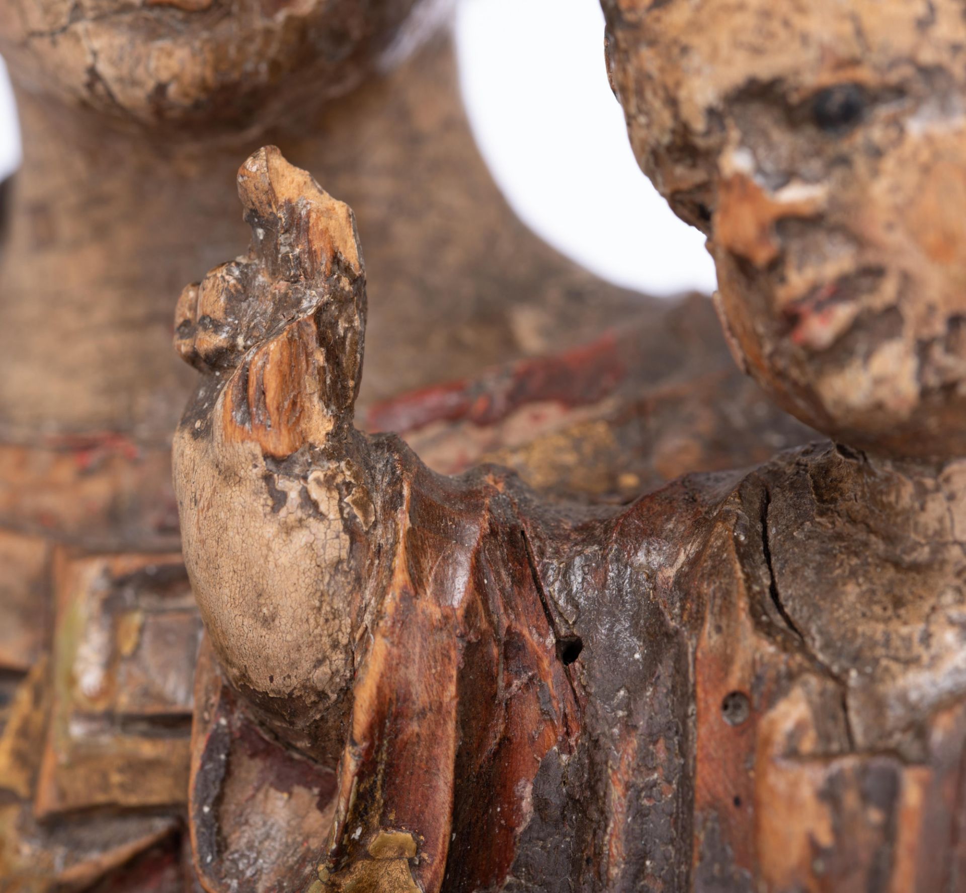 A 17thC polychrome painted limewood Madonna and Child, on an oak socle, Southern Netherlands, H Mado - Image 9 of 19