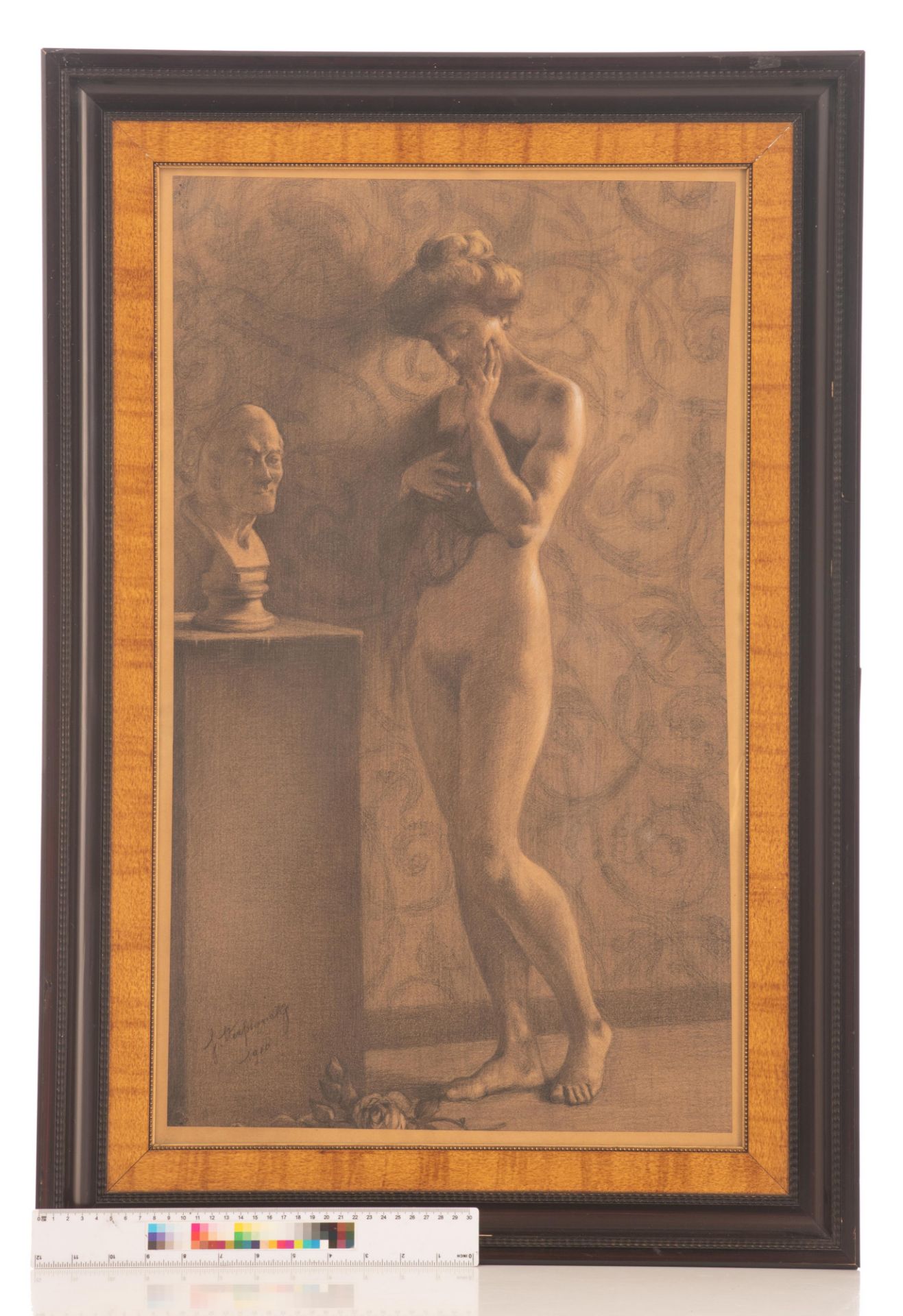 Verplancke, a standing nude in contemplation before a bust of Voltaire, 69 x 42 cm - Image 5 of 5