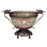 A Chinese Canton famille rose punch bowl, mounted with bronze 'turtle' handles, 19thC, total H 30 cm