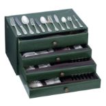 A complete silver-plated flatware set by Christofle, in a leather box, H 26,5 - W 45 - D 30 cm