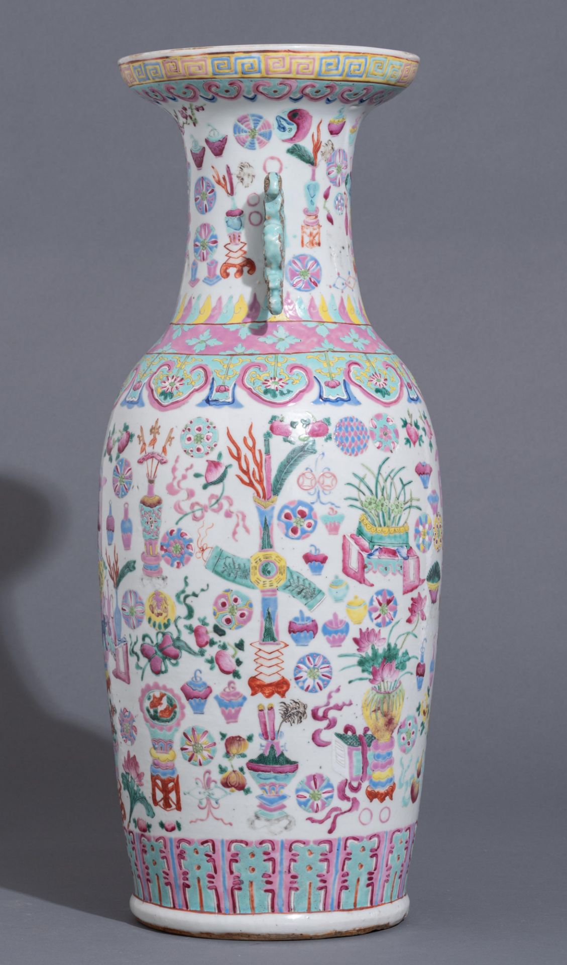 A Chinese famille rose 'antiquities' vase, paired with lingzhi handles, 19thC, H 62 cm - Image 5 of 9