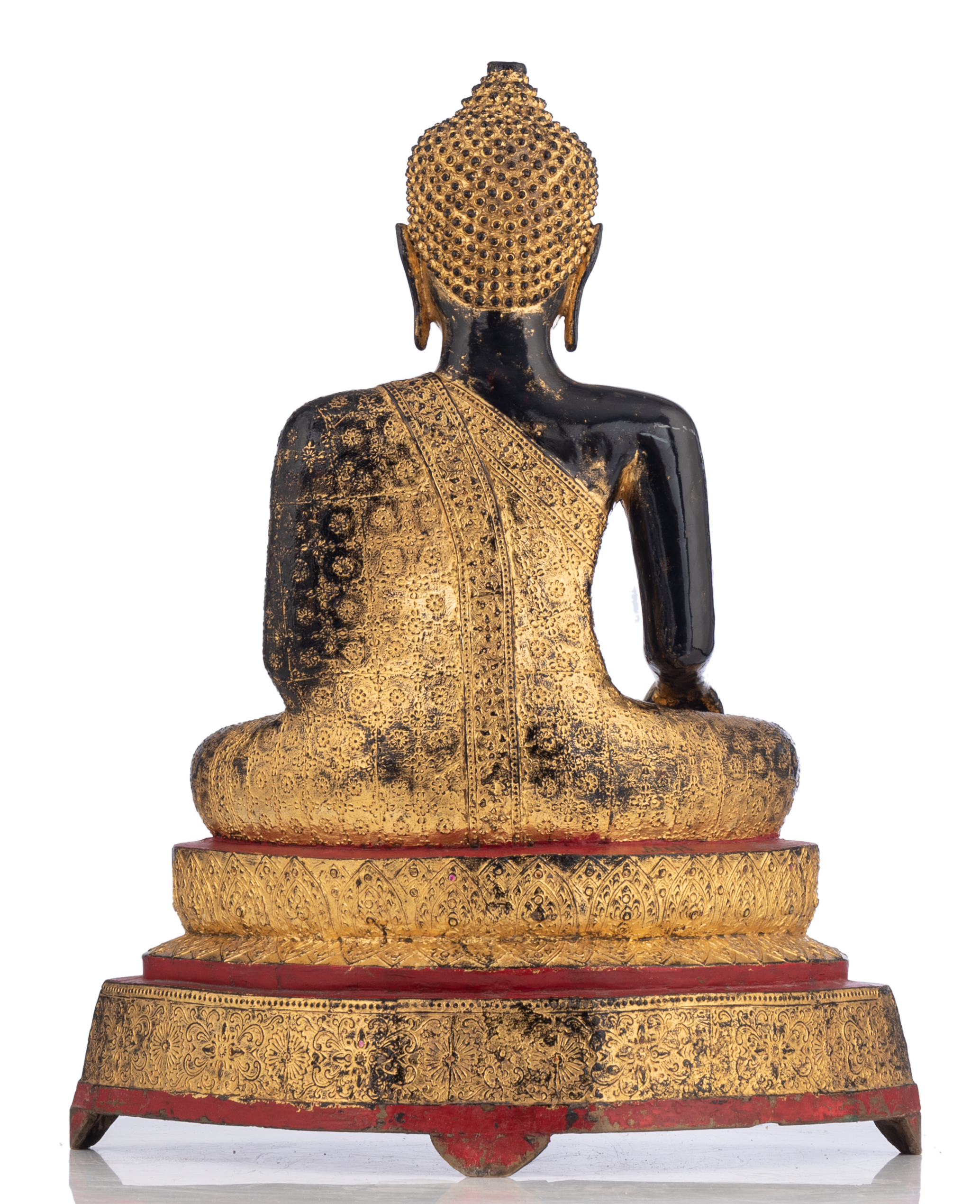 Two gilt bronze standing Buddha and a lacquered and gilt wood seated Buddha, Thailand, Tallest H 121 - Bild 6 aus 11