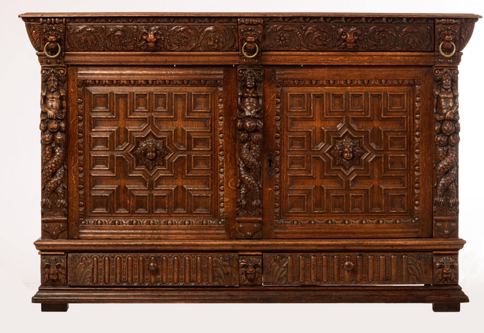 A Flemish cupboard 'bahut', 17thC and later, H 117,5 - W 181 - D 72,5 cm - Image 2 of 12
