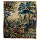 A French early 18thC verdure wall tapestry, depicting the falcon hunt, H 266 x 232 cm