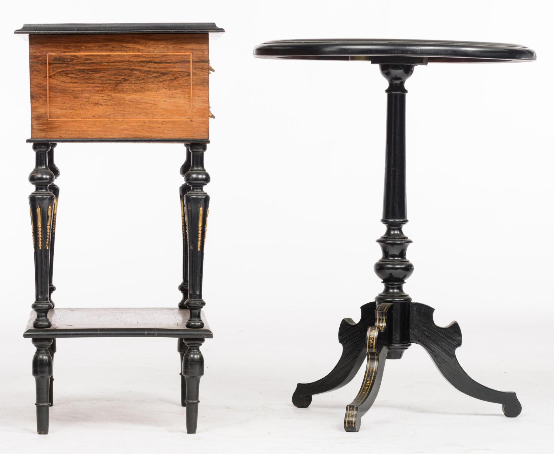 A Neoclassical lady's sewing table and a matching fold-over tea table, H 73 - 76 cm - Image 5 of 13
