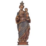 A 17thC polychrome painted limewood Madonna and Child, on an oak socle, Southern Netherlands, H Mado