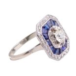 An art déco period ladies 18ct white gold ring set with diamonds and sapphires, weight 5,6 g.