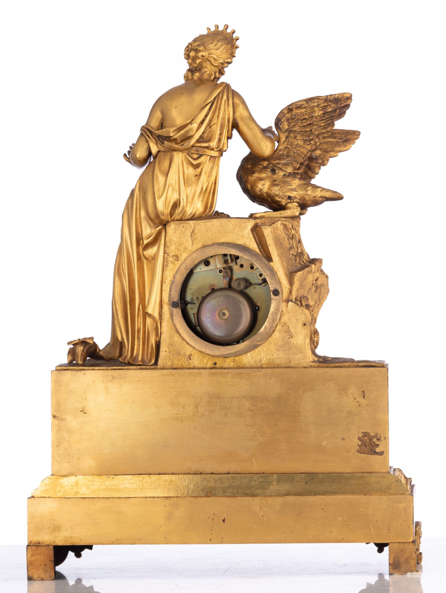 A Restauration style mantle clock, with on top Leda and the swan, H 49 - W 35,5 cm - Image 3 of 8