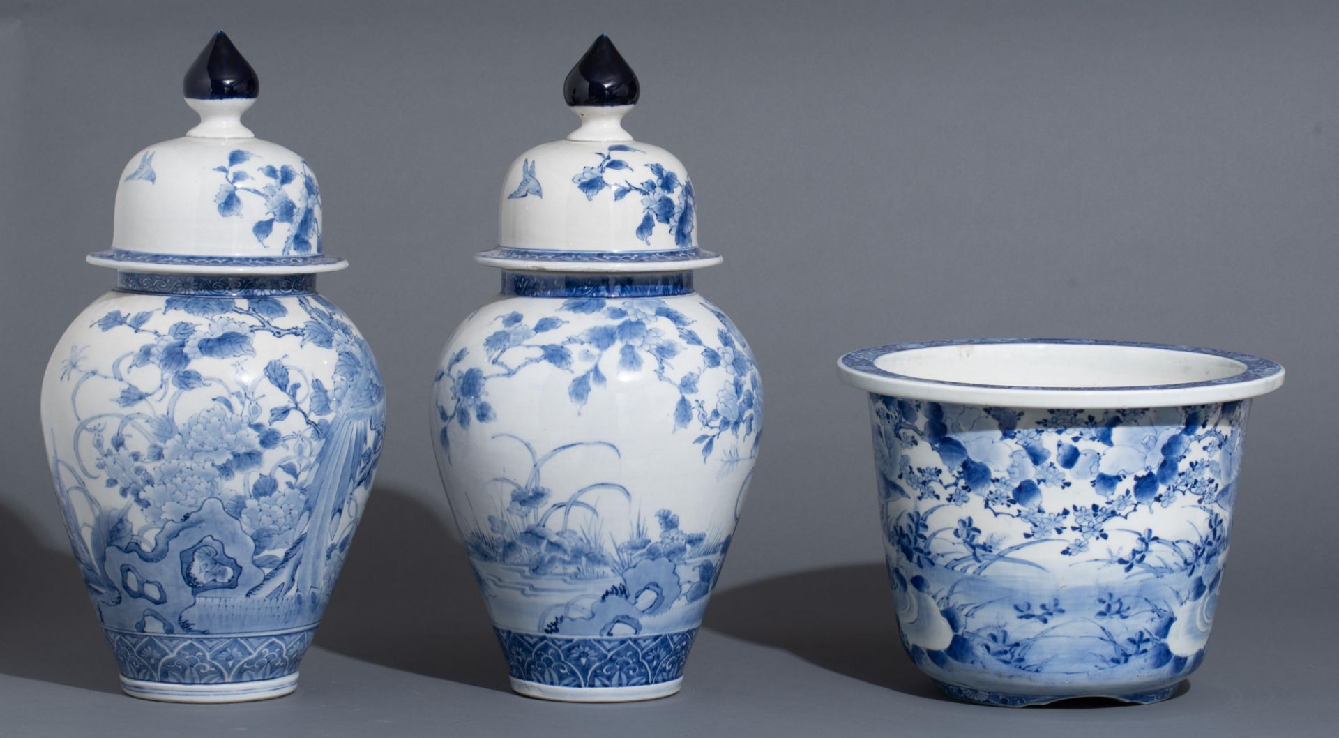 A pair of Japanese blue and white Arita covered vases and a ditto jardinière, Meiji period, H vases - Image 6 of 8