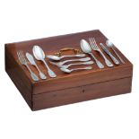 A walnut box containing silver-plated flatware by Christofle, H 15 - W 44 - D 35 cm