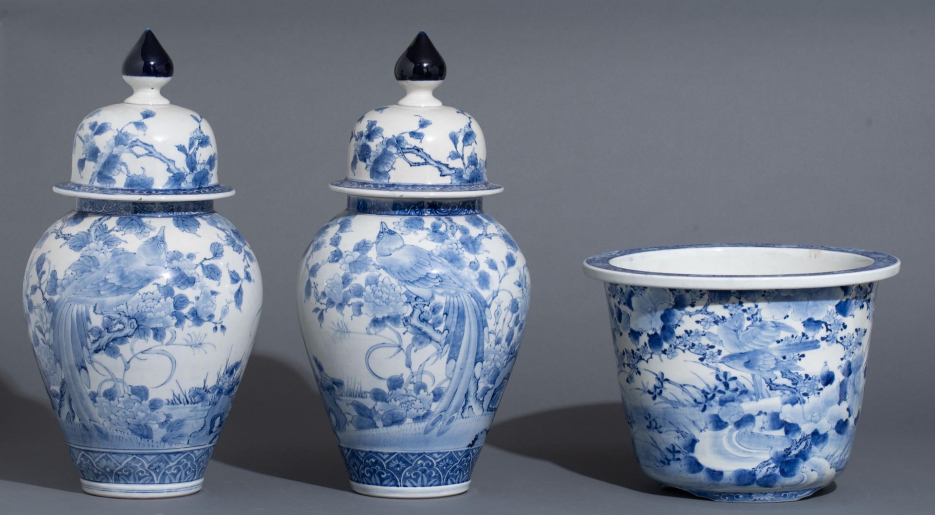 A pair of Japanese blue and white Arita covered vases and a ditto jardinière, Meiji period, H vases - Image 3 of 8