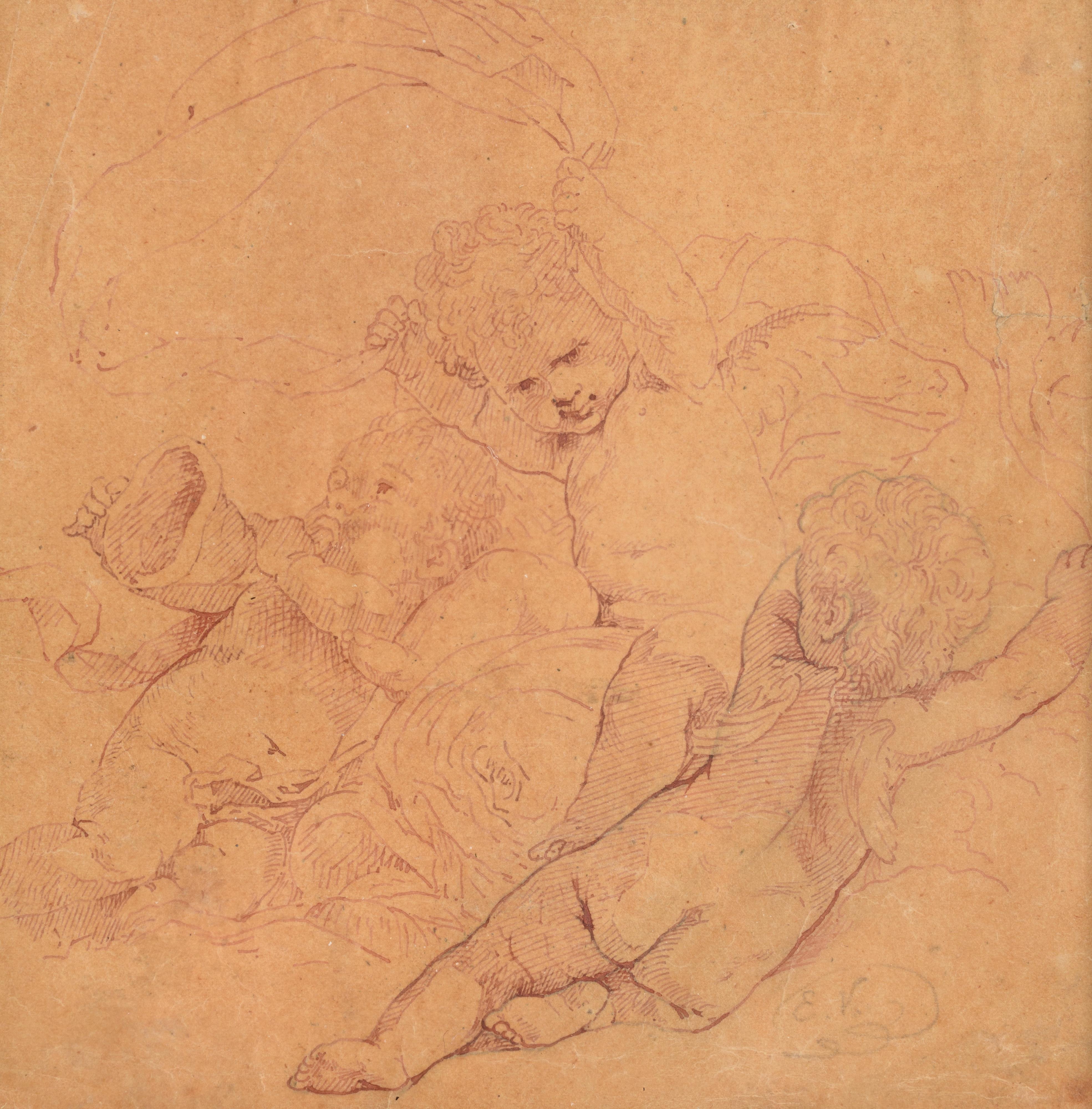 Attributed to Eugène Verboeckhoven, study drawing with putti, 18 x 18 cm - Image 6 of 6